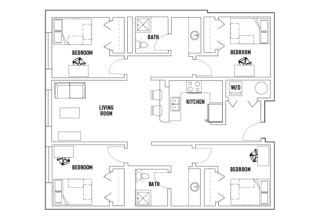 4 Bed - 2 Bath Standard Bedroom